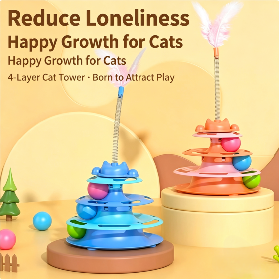 Multi-Tier Cat Track Ball Tower & Feather Teaser Wand Toy Set